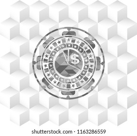 chart icon inside retro style grey emblem with geometric cube white background