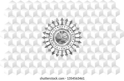 chart icon inside retro style grey emblem with geometric cube white background