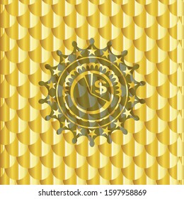chart icon inside shiny golden badge. Scales pattern. Vector Illustration. Detailed.
