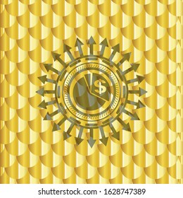 chart icon inside shiny golden emblem. Scales pattern. Vector Illustration. Detailed.
