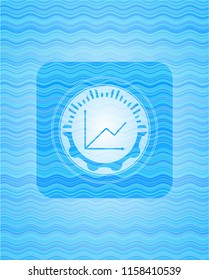 chart icon inside sky blue water wave badge.