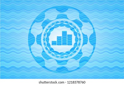 chart icon inside water wave badge background.