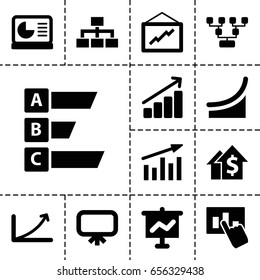 Chart icon. set of 13 filled charticons such as board, graph, structure, chart on display, chart, statistic, hand on graph, dolar growth, graph on board