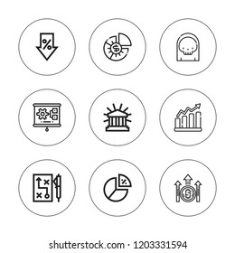 Chart icon set. collection of 9 outline chart icons with diagram, death, financial, increase, pie chart, presentation, strategy, statistics icons. editable icons.
