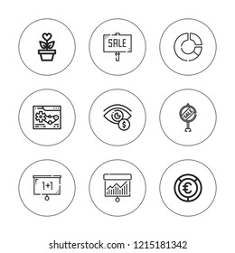 Chart icon set. collection of 9 outline chart icons with graph, growth, pie chart, system, sale icons. editable icons.