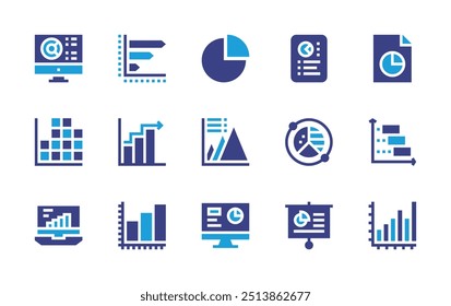 Conjunto de ícones de gráfico. Cor duotônica. Ilustração vetorial. Contendo gráfico de peças, gráfico, gráfico de barras, gráfico de pirâmide, análise, tablet, mercado, aumento, apresentação.