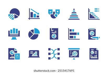 Chart icon set. Duotone color. Vector illustration. Containing datamanagement, decrease, piechart, barchart, ganttchart, pyramidchart, files, infographics, document.