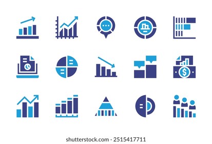 Conjunto de ícones de gráfico. Cor duotônica. Ilustração vetorial. Contendo gráfico de barras, decrescente, estatísticas, gráfico, gráfico de peças, gráfico de crescimento, gráfico de pirâmide, relatório, infográficos.
