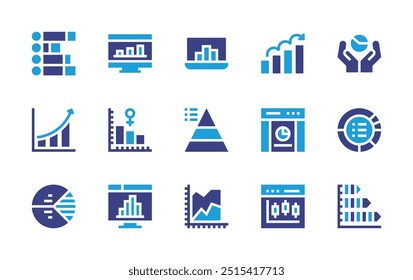 Chart icon set. Duotone color. Vector illustration. Containing barchart, chart, areachart, piechart, pyramidchart, web, computer, stock, laptop.