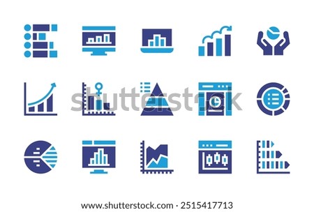 Chart icon set. Duotone color. Vector illustration. Containing barchart, chart, areachart, piechart, pyramidchart, web, computer, stock, laptop.