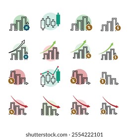 Chart Icon set. trading icon. growing bar graph icon. Business charts and graph icons. Statistics and Analysis Outline Icon, down or up arrow. Flat color design style