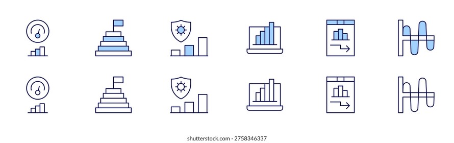 Chart icon set in two styles, Duotone and Thin Line style. Editable stroke. productivity, pyramid chart, riskmanagement, statistics, strategy, wave.