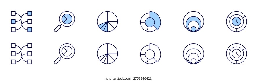Chart icon set in two styles, Duotone and Thin Line style. Editable stroke. infographics, magnifyingglass, pie chart.