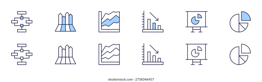 Chart icon set in two styles, Duotone and Thin Line style. Editable stroke. hierarchy, infographicelements, infographics, loss, performance, pie chart.