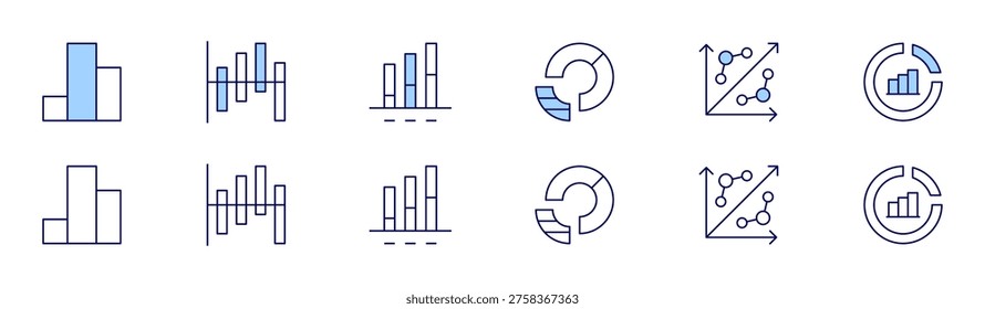 Chart icon set in two styles, Duotone and Thin Line style. Editable stroke. bar chart, bargraph, chart, datavisualization.