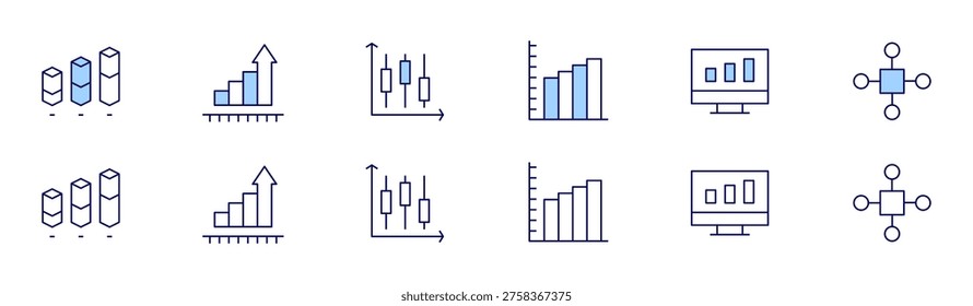 Chart icon set in two styles, Duotone and Thin Line style. Editable stroke. bar chart, bargraph, candlestickchart, chart, computerscreen, diagram.