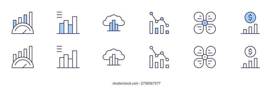 Chart icon set in two styles, Duotone and Thin Line style. Editable stroke. benchmark, chart, cloudcomputing, decrease, diagram, finance.