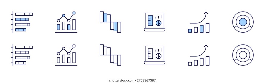 Chart icon set in two styles, Duotone and Thin Line style. Editable stroke. bargraph, chart, dashboard, diagram, doughnut.
