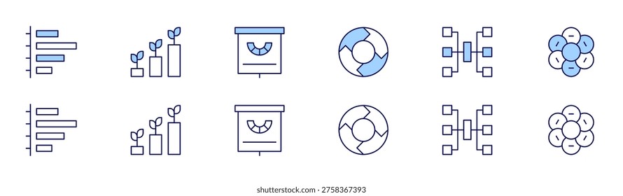 Chart icon set in two styles, Duotone and Thin Line style. Editable stroke. bargraph, chart, cycle, diagram, donutchart.