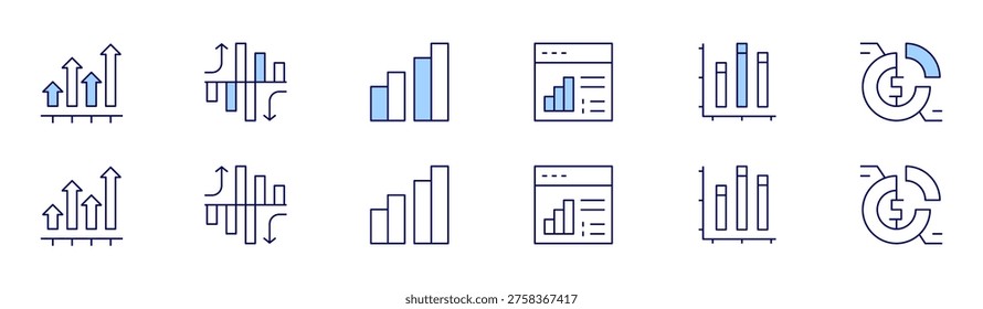 Chart icon set in two styles, Duotone and Thin Line style. Editable stroke. arrows, bar chart, bargraph, chart.