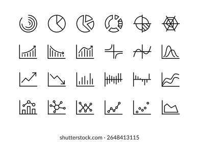 Ícone do gráfico definir vetor, gráficos, espessura de linha ajustável, gráfico, pizza, barra, dados, área, ponto, ponto, radar, seno, cosseno, ícones, design, gráfico, contorno