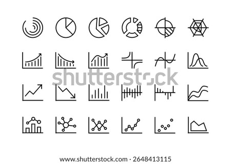 Chart icon set vector, charts, adjustable line weight, graph, pie, bar, data, area, dot, point, radar, sine, cosine, icons, design, graphic, outline