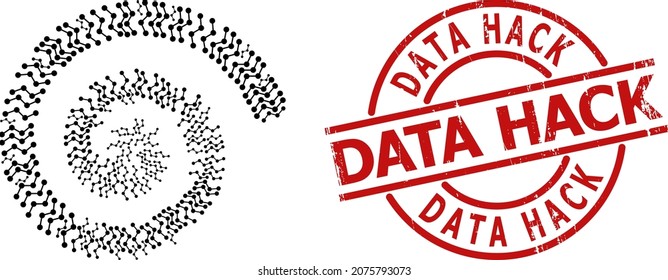 Chart icon spiral cycle mosaic, and Data Hack unclean stamp imitation. Chart icons are formed into cycle mosaic structure. Red seal has Data Hack tag inside circle template.