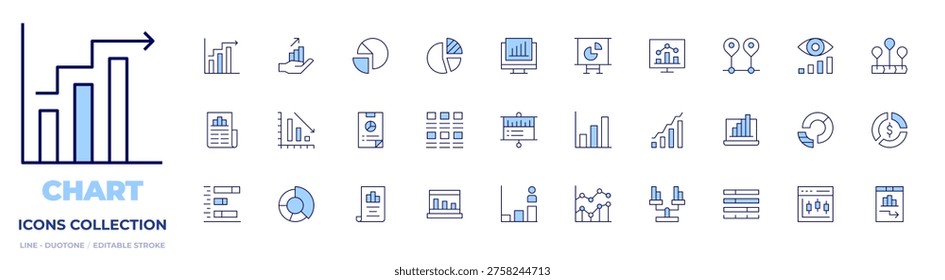 Chart icons collection. Line Duotone style, editable stroke. barchart, performance, piechart, infographics, vision, increase, laptop, salescommercial, chart.