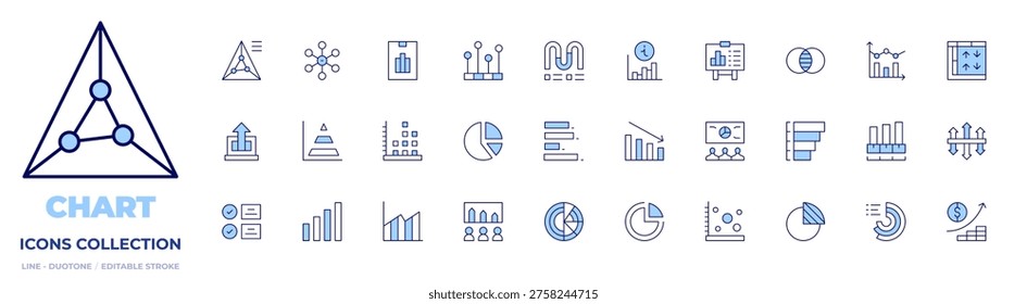 Chart icons collection. Line Duotone style, editable stroke. infographic, tracking, graph, results, diagram, statistics, chart, network, analytics, piechart.