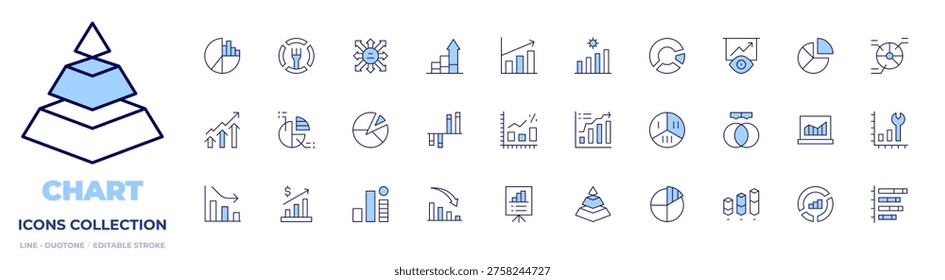 Chart icons collection. Line Duotone style, editable stroke. infographics, analytics, graphic, statistic, donutchart, strategicvision, datamanagement.
