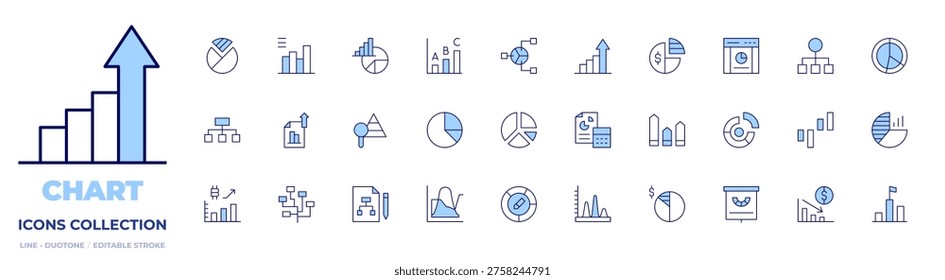 Chart icons collection. Line Duotone style, editable stroke. projectplan, combochart, piechart, bargraph, piechart T, chart, moneyloss, statistics, success.