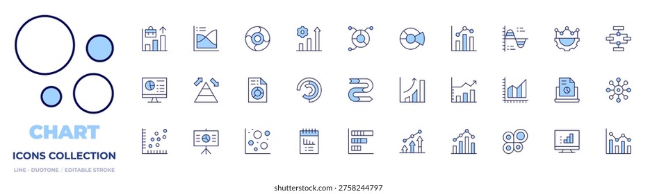 Chart icons collection. Line Duotone style, editable stroke. presentation, proportion, chart, computer, barchart, bargraph, growth, scatter, statistics, graph.