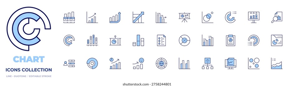 Chart icons collection. Line Duotone style, editable stroke. presentation, chart, piechart, barchart, jobsector, marketresearch, increase, scalability, heat.