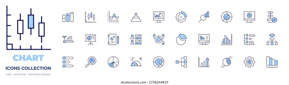 Chart icons collection. Line Duotone style, editable stroke. piechart, barchart, magnifyingglass, piechart T, arc, allocation, diagram, profits, chart, stats.