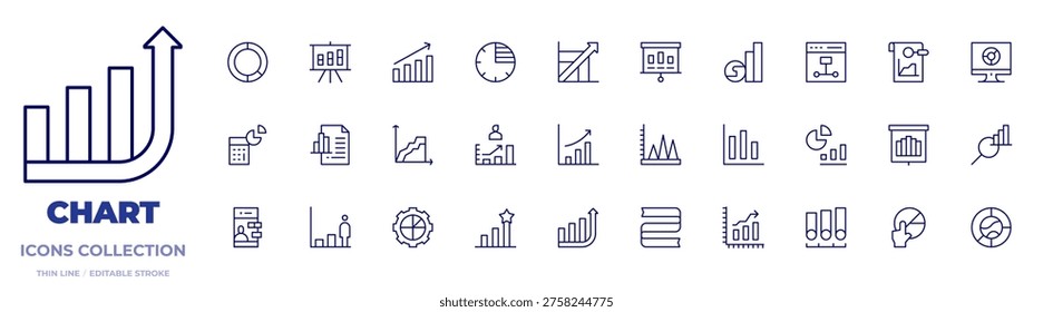 Chart icons collection. Thin Line icons, editable stroke. accounting, analytics, areachart, barchart, bargraph, chart, dataanalysis, efficiency, graph.