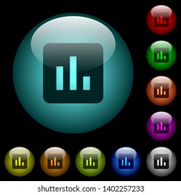 Chart icons in color illuminated spherical glass buttons on black background. Can be used to black or dark templates