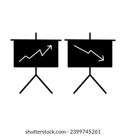 Chart icons on the table. Silhouette, black, up and down graph on a table. Vector icons