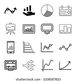 Chart icons. set of 16 editable outline chart icons such as graph, graph on hand, board, graph on display, heartbeat, structure