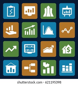 Chart icons set. set of 16 chart filled icons such as graph, heartbeat, structure, graph on hand, arrows up, dolar growth