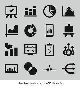 Chart icons set. set of 16 chart filled icons such as board, graph, circle intersection, heartbeat, structure, money up