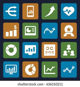 Chart icons set. set of 16 chart filled icons such as heartbeat, eye test, graph, structure, medal, arrow up