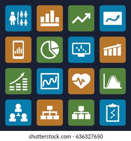 Chart icons set. set of 16 chart filled icons such as structure, heartbeat, graph, graph on display