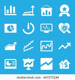 Chart icons set. set of 16 chart filled icons such as heartbeat search, stopwatch camera, graph, medal, graph on display, dolar growth