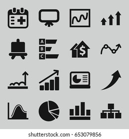 Chart icons set. set of 16 chart filled icons such as board, medical appointment, graph, statistic, arrow up, dolar growth