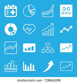 Chart icons set. set of 16 chart filled and outline icons such as eye test, medical appointment, line graph, arrow up, heartbeat, structure