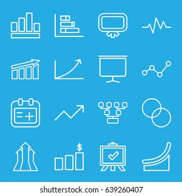 Chart icons set. set of 16 chart outline icons such as board, circle intersection, heartbeat, medical appointment, graph, arrows up