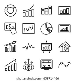 Chart icons set. set of 16 chart outline icons such as graph, heartbeat, money up, dolar growth
