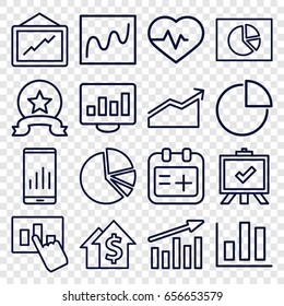 Chart icons set. set of 16 chart outline icons such as board, graph, heartbeat, medical appointment, medal, graph on display, dolar growth