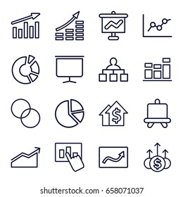 Chart icons set. set of 16 chart outline icons such as board, structure, circle intersection, money up, money growth, dolar growth, graph on board