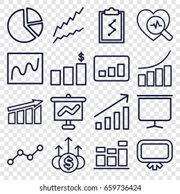 Chart icons set. set of 16 chart outline icons such as board, graph, heartbeat search, line graph, money up